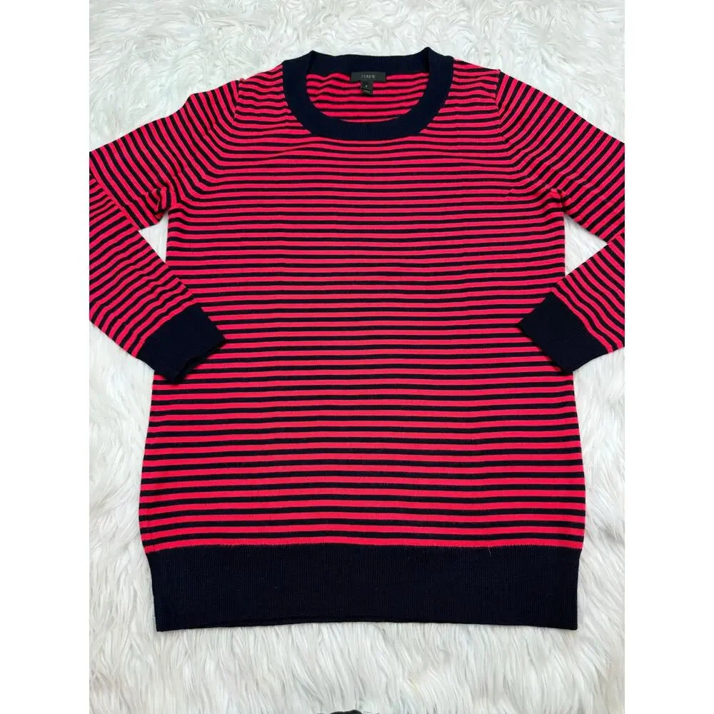 J.Crew Tippi 100% Merino Wool Sweater Coral/Navy Stripe Size S Preppy Nautical